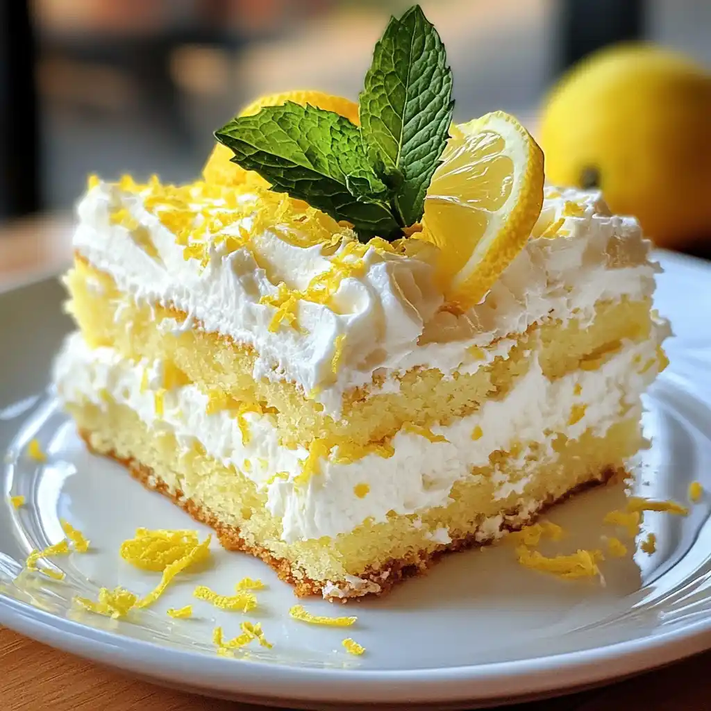Close-up of lemon cream cake recipe with whipped cream and lemon zest