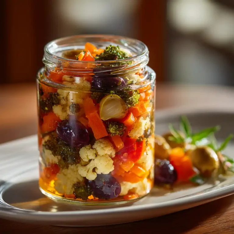 Giardiniera recipe in a jar on wooden table