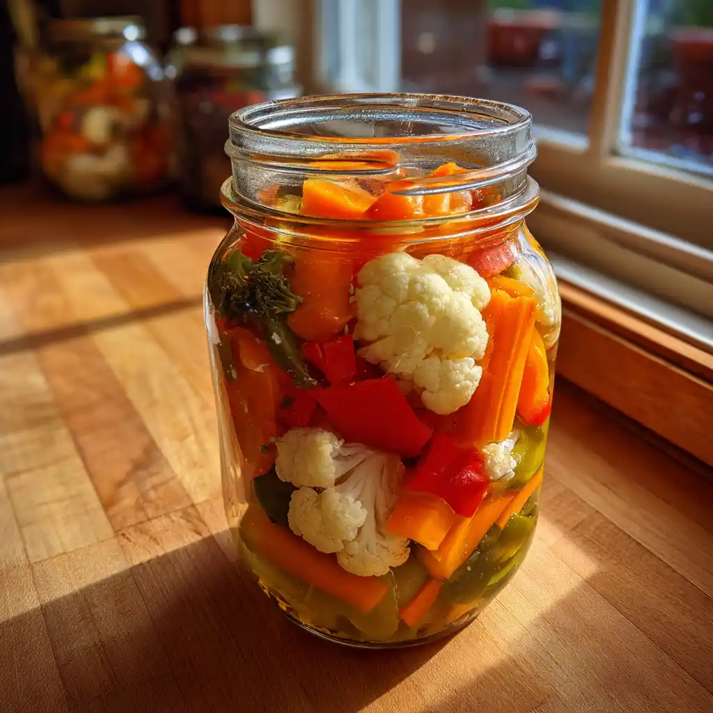 Tangy homemade giardiniera in a glass jar