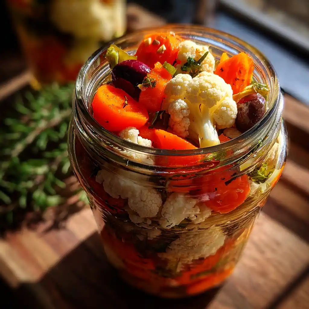 Giardiniera recipe in a jar on wooden table
