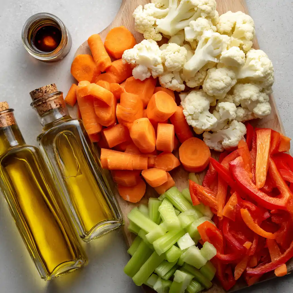 Ingredients for giardiniera recipe on cutting board