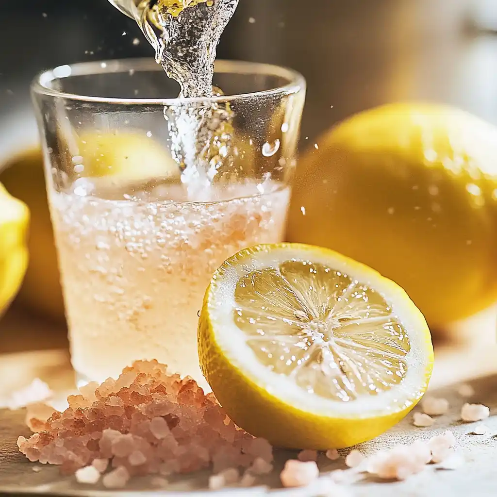 Lemon pink salt drink with fresh lemon squeezed