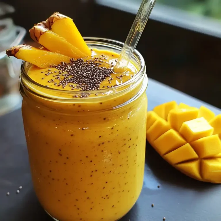 Mango turmeric smoothie in a glass jar with fresh mango and turmeric