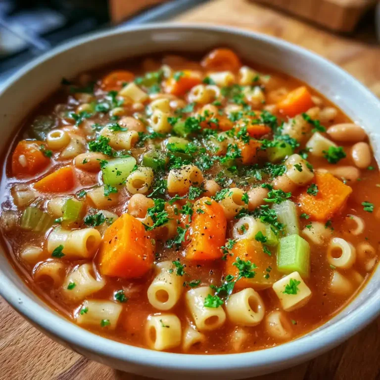 Ditalini pasta in vegetable soup close-up