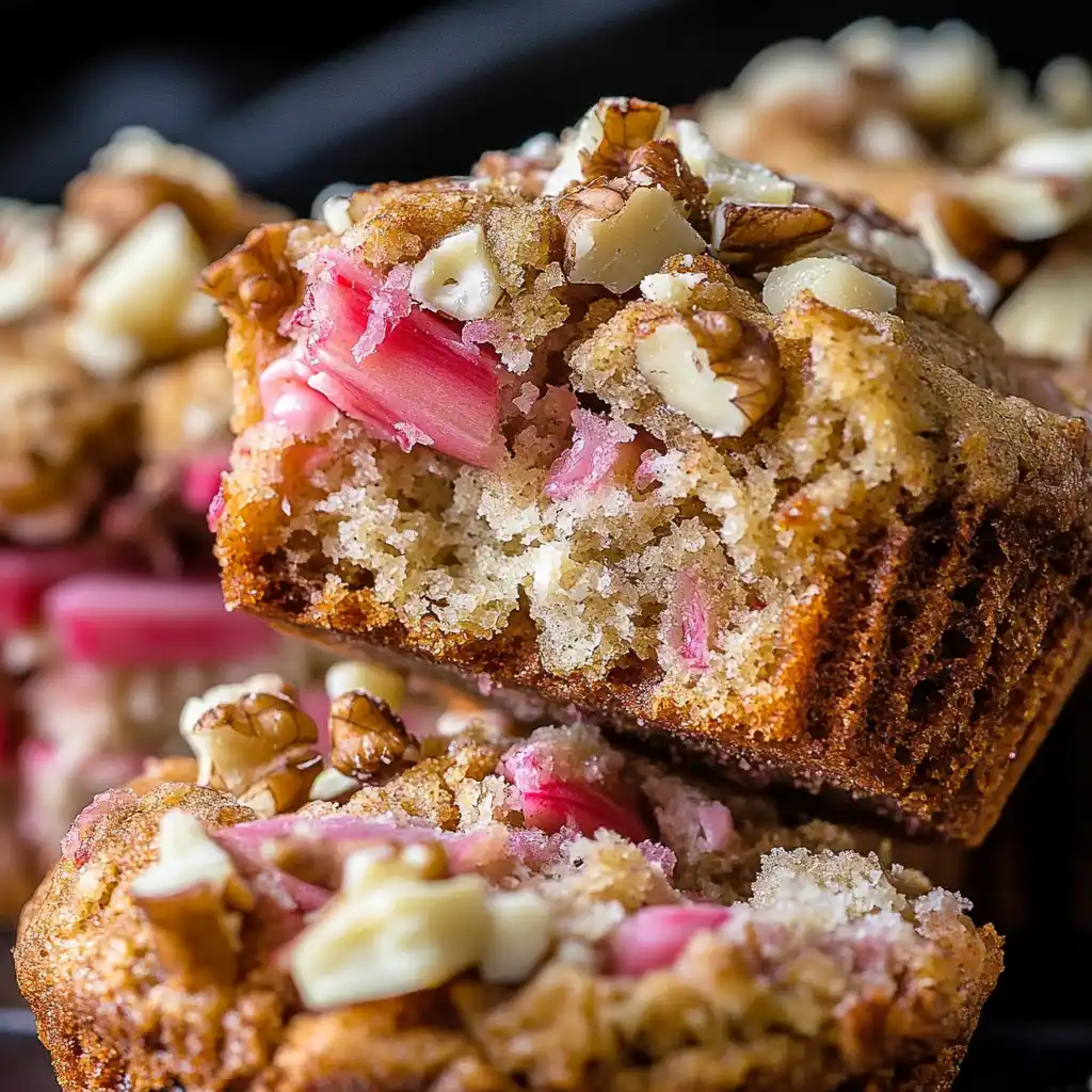 Inside of rhubarb muffin with white chocolate and Greek yogurt