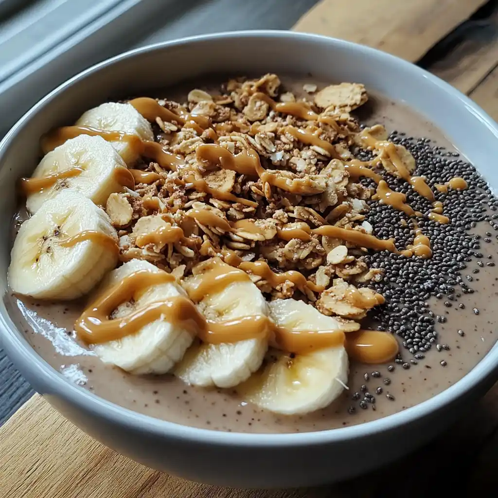 peanut butter banana smoothie bowl with toppings