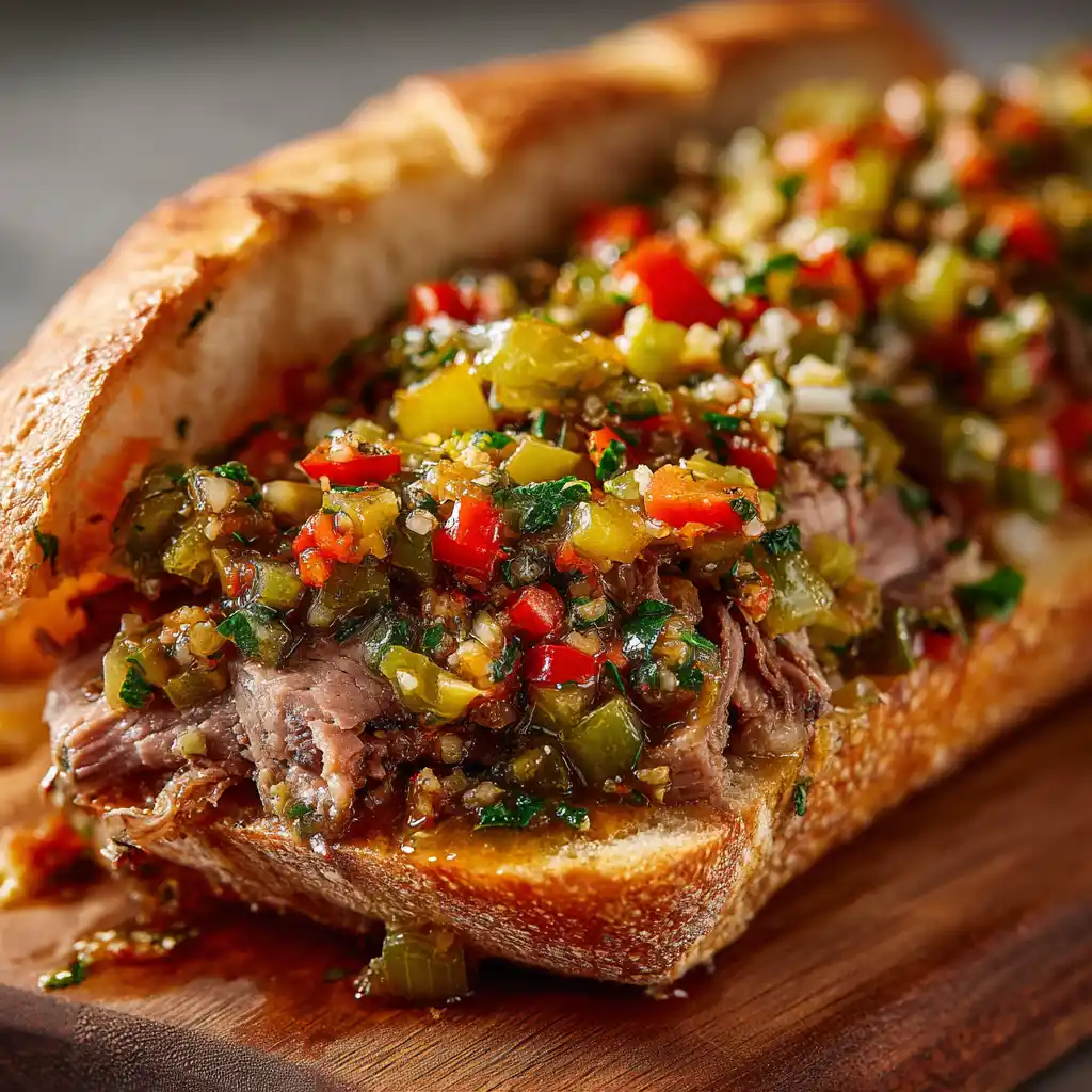 Italian beef sandwich with giardiniera topping