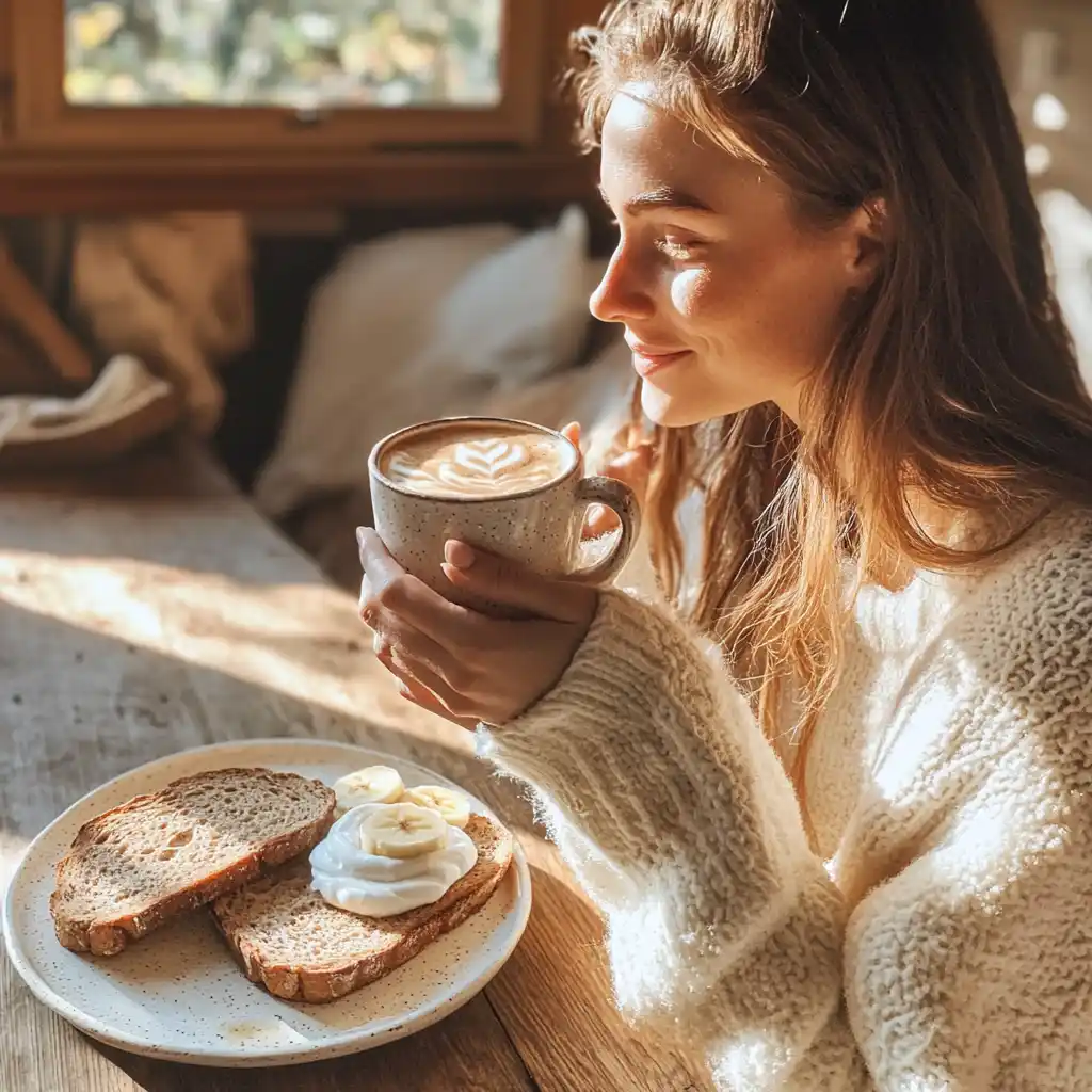 enjoying low calorie gingerbread latte with breakfast