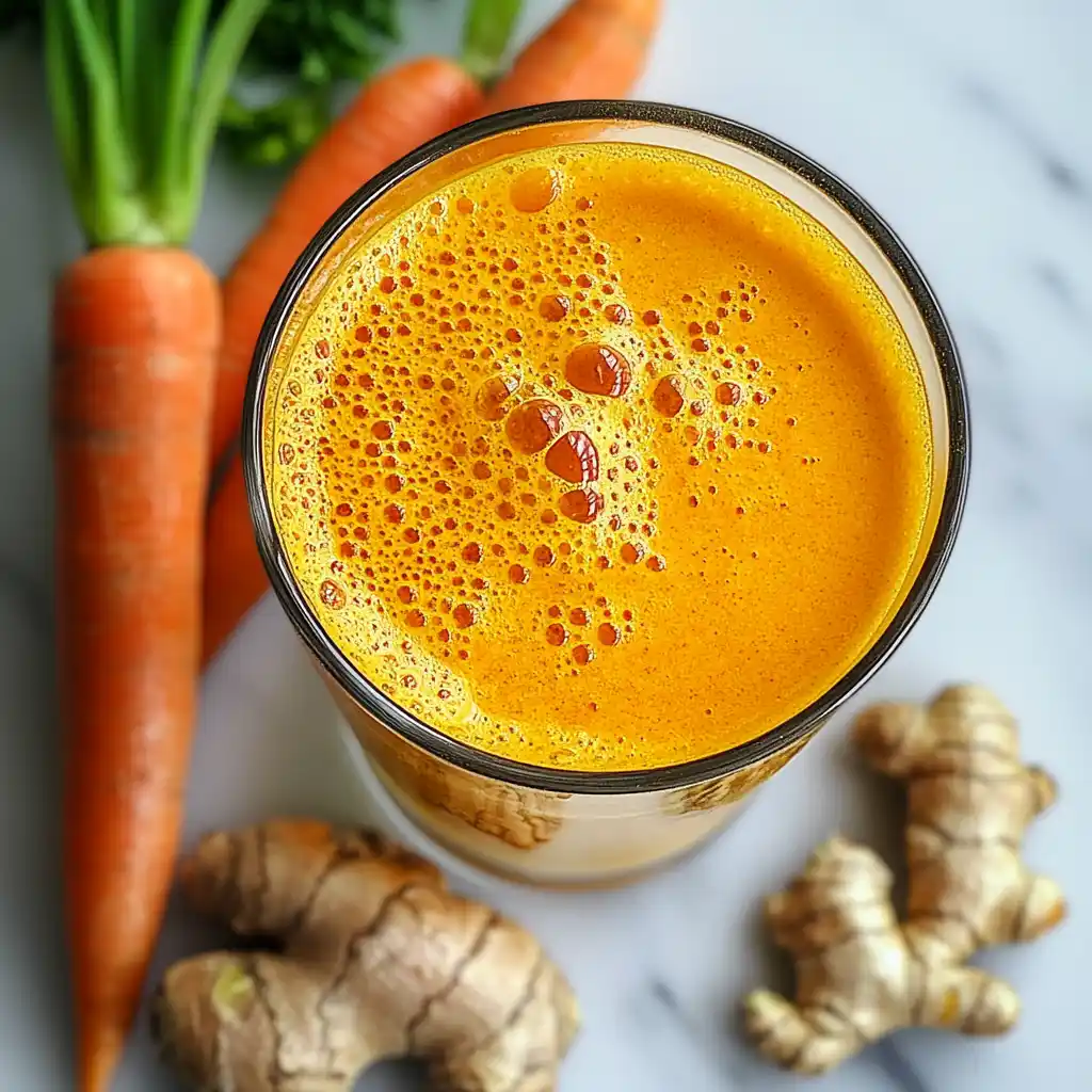 Carrot and ginger turmeric juice in a tall glass