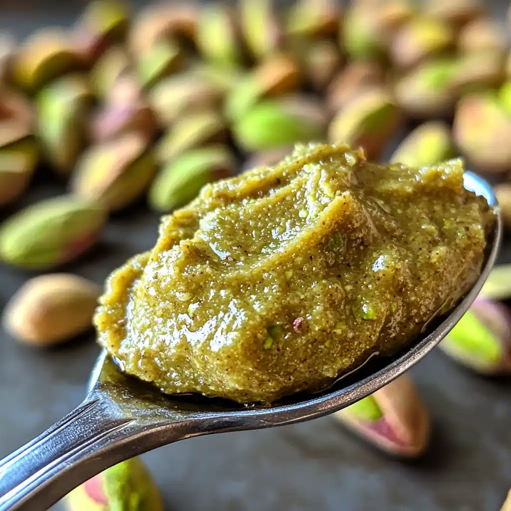 Pistachio butter spoonful with nutrition highlights