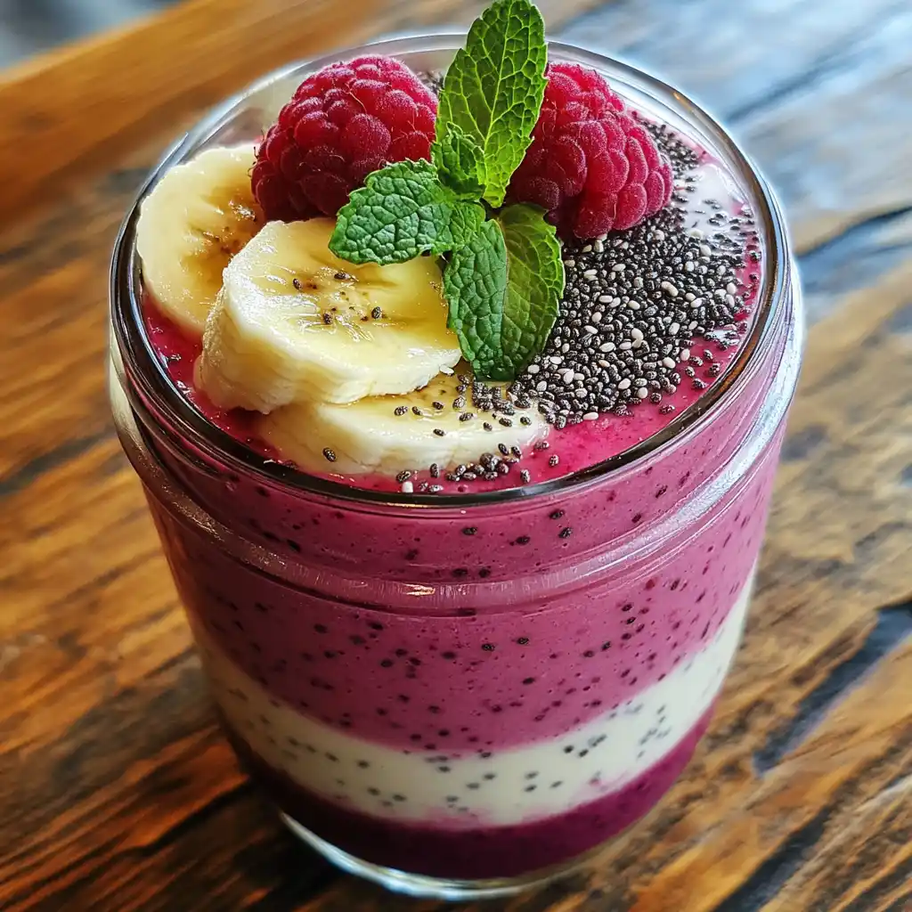 Berry and banana fruit smoothie topped with chia seeds