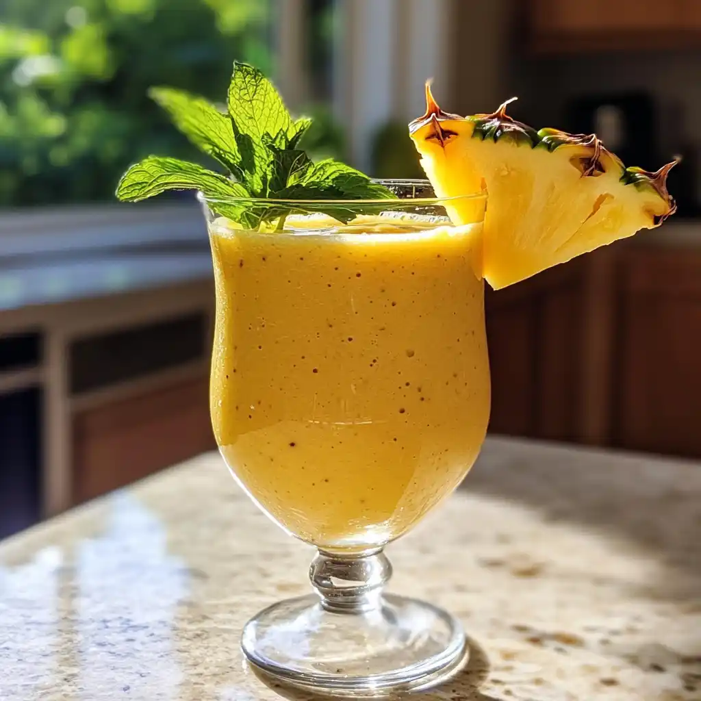 Coconut water pineapple smoothie in a clear glass with pineapple garnish