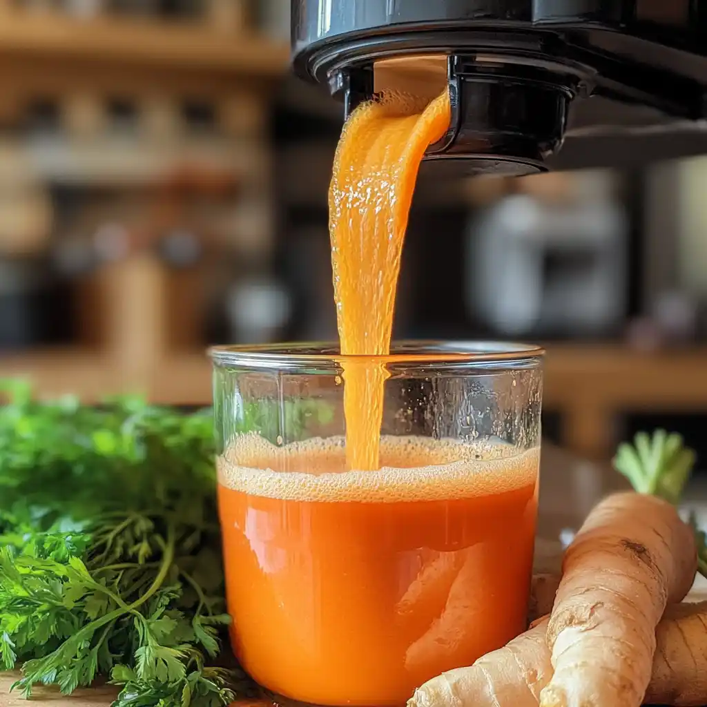 Juicing carrots and ginger with a cold press juicer