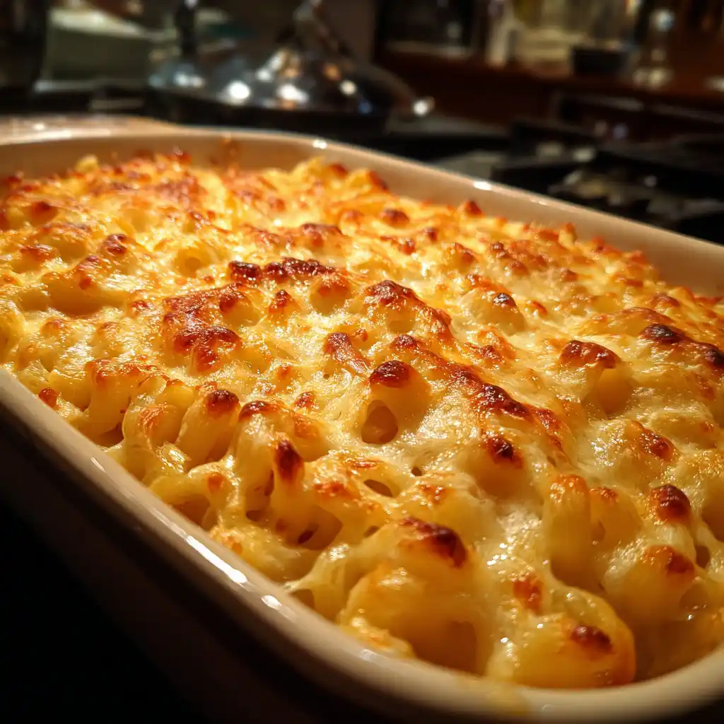 baked cheesy cavatappi pasta in casserole dish