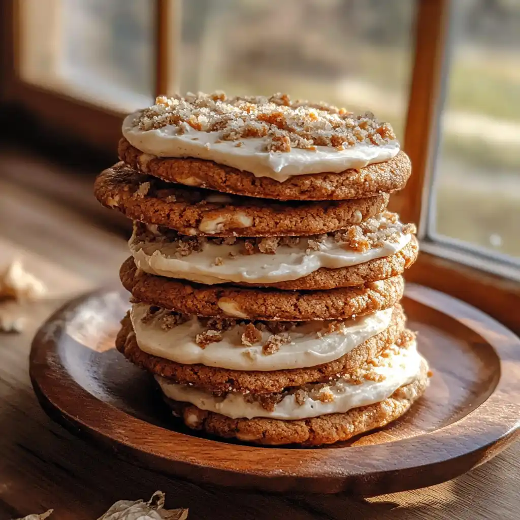 fresh carrot cake cookies with frosting on rustic plate