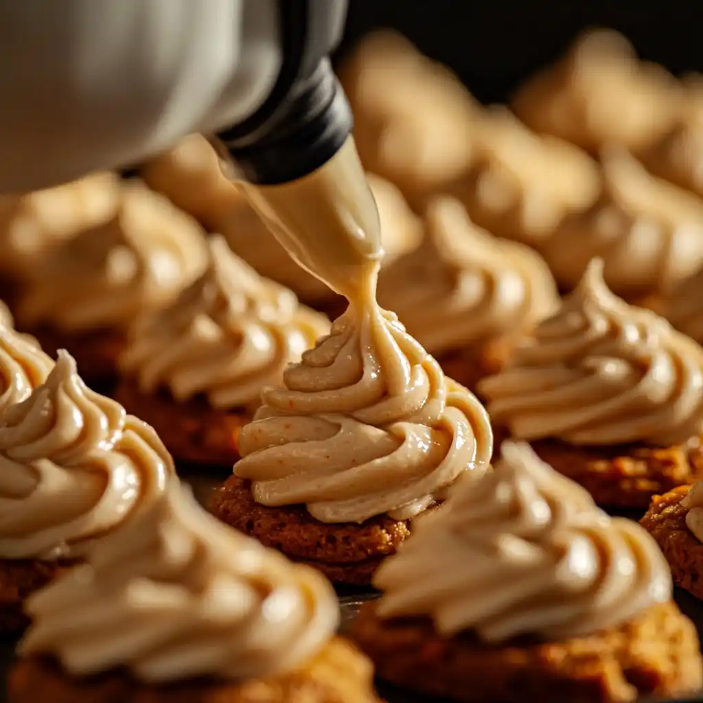 piping cream cheese frosting on carrot cake cookies