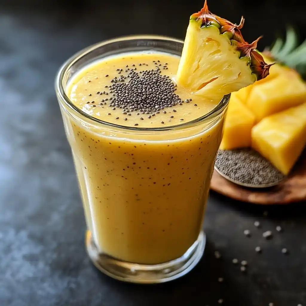 Coconut water pineapple smoothie with added protein and chia