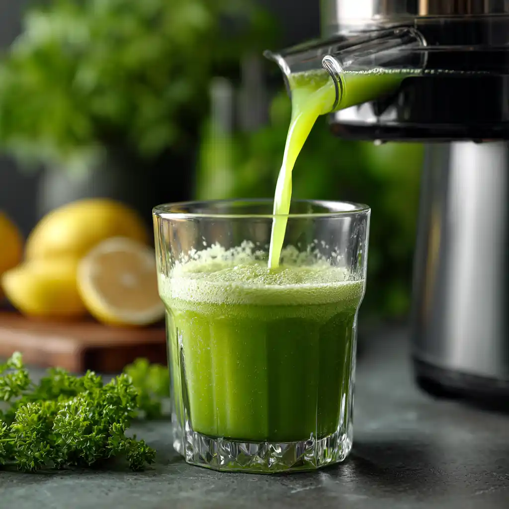 detox green juice being poured from juicer