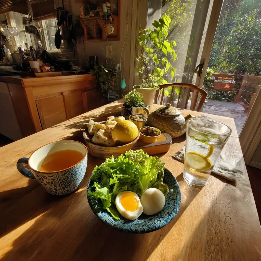 Morning meal with Japanese Mounjaro tea and healthy foods