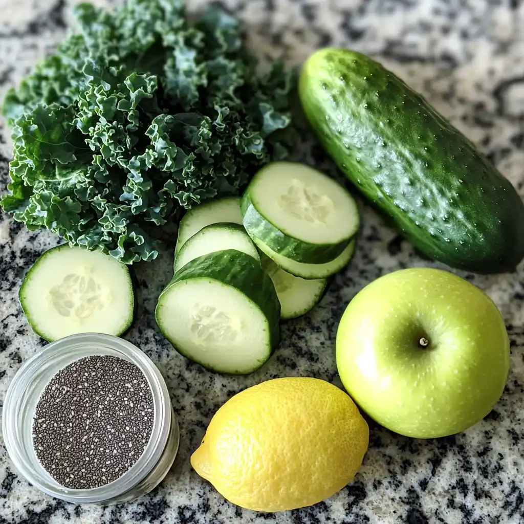 Green detox smoothie ingredients on countertop