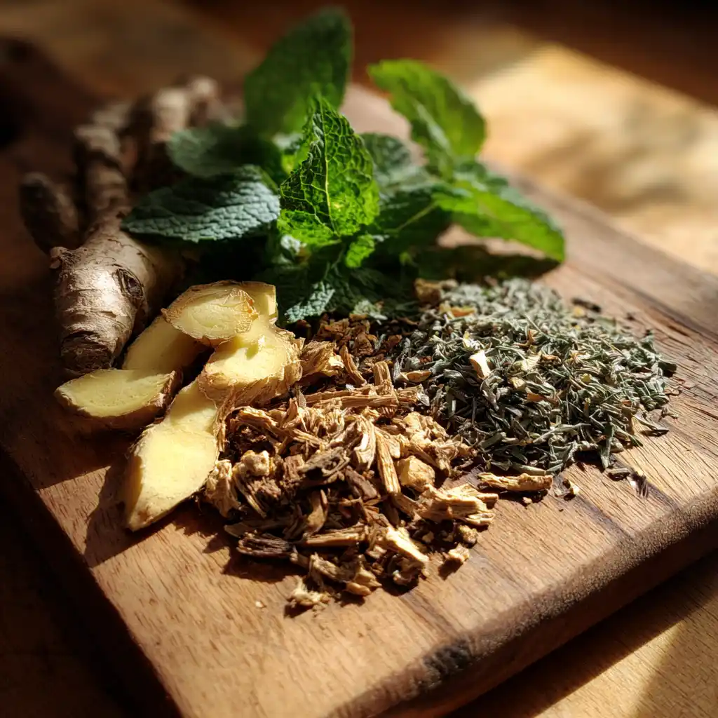 Natural detox tea ingredients on wood board