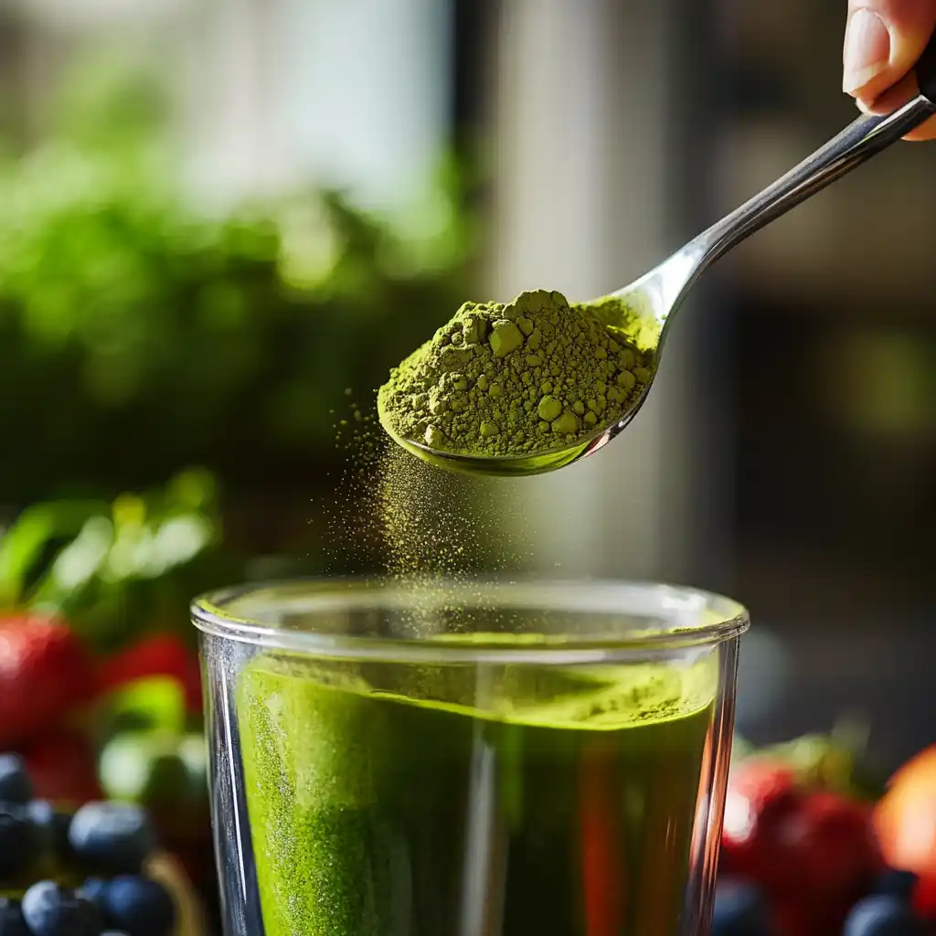 Adding matcha powder into green smoothie