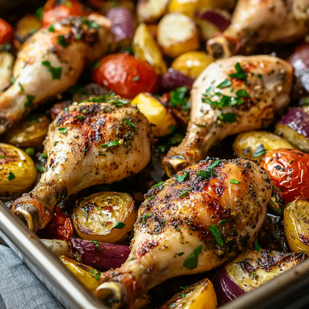 chicken drumsticks in oven with vegetables one-pan meal