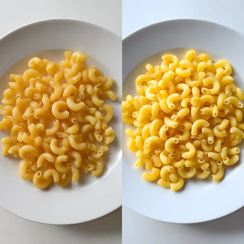 side-by-side comparison of cavatappi pasta and elbow macaroni