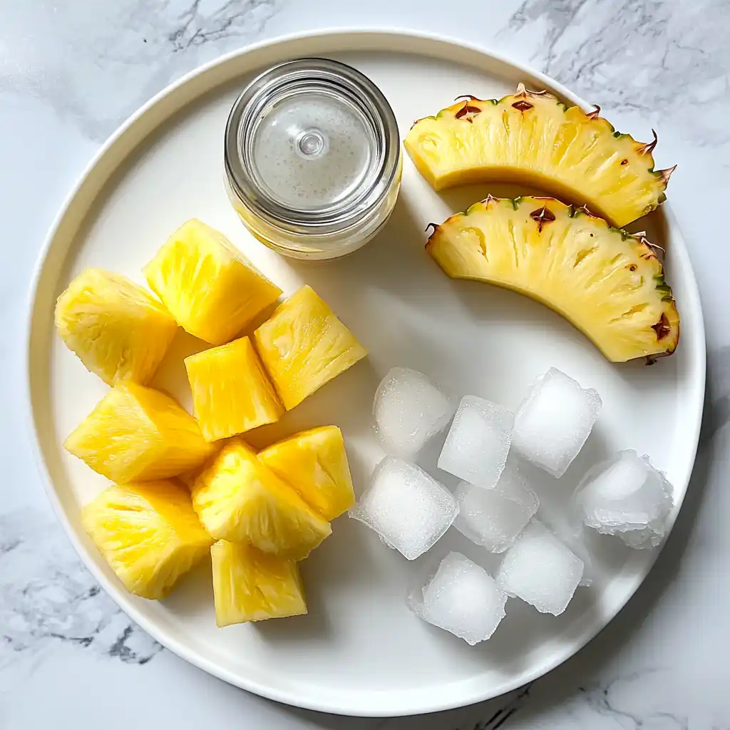 Ingredients for coconut water pineapple smoothie laid out on wooden table