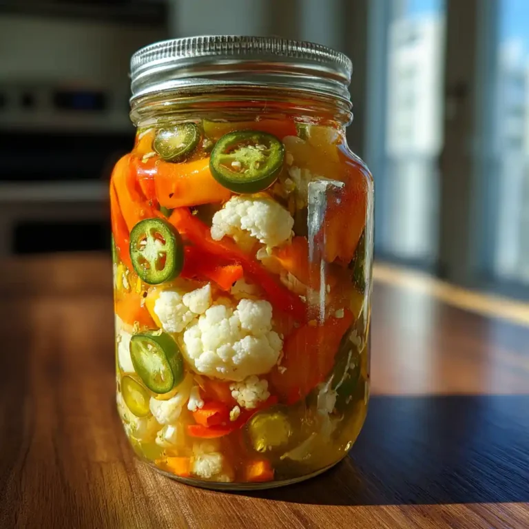 Homemade giardiniera peppers in a glass jar
