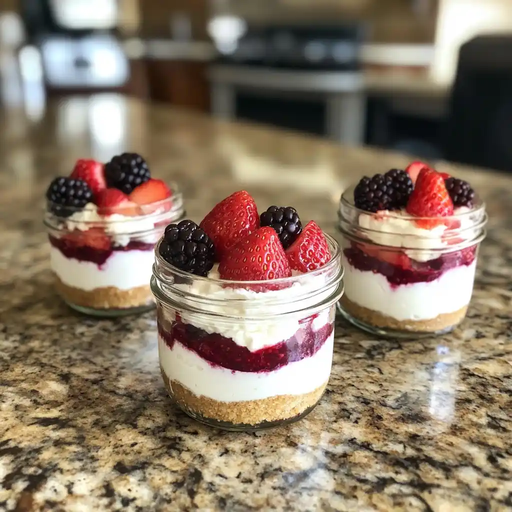 Mini jars of low calorie strawberry cheesecakes