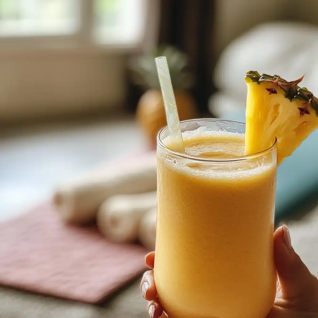 Person enjoying coconut water pineapple smoothie after exercise