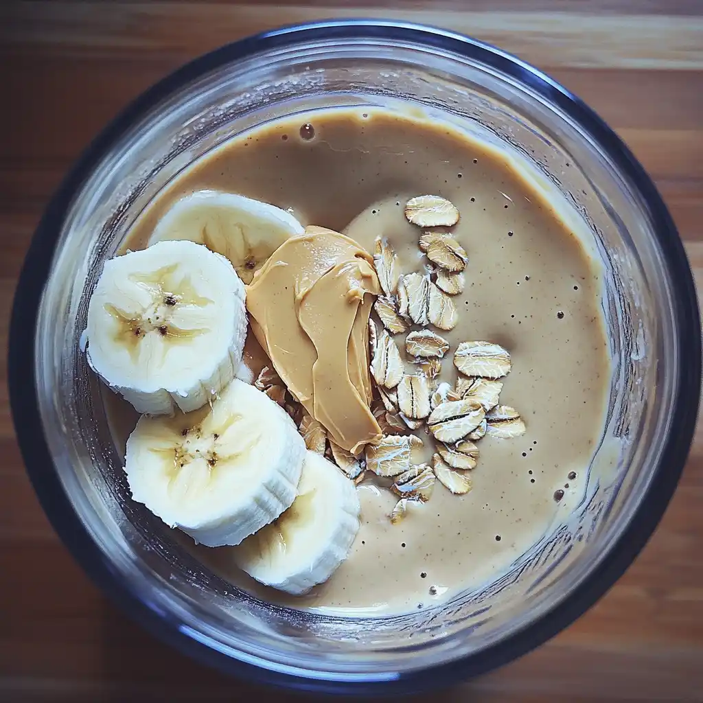 blending ingredients for peanut butter banana smoothie
