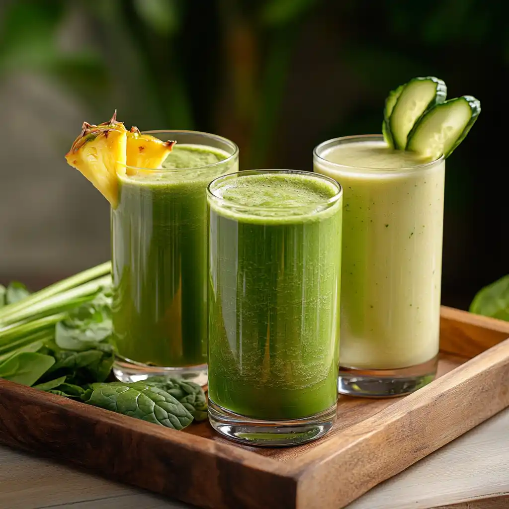 Three types of green detox smoothies on tray