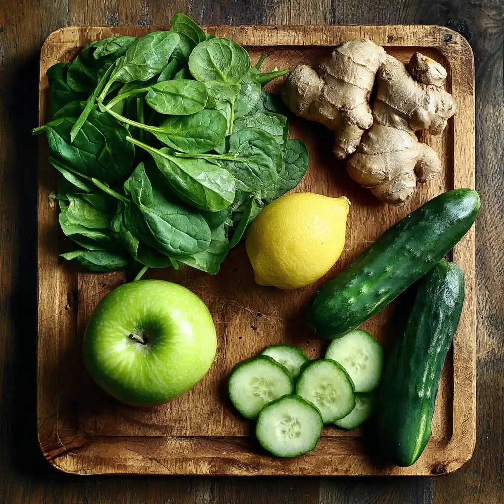green detox juice ingredients on cutting board