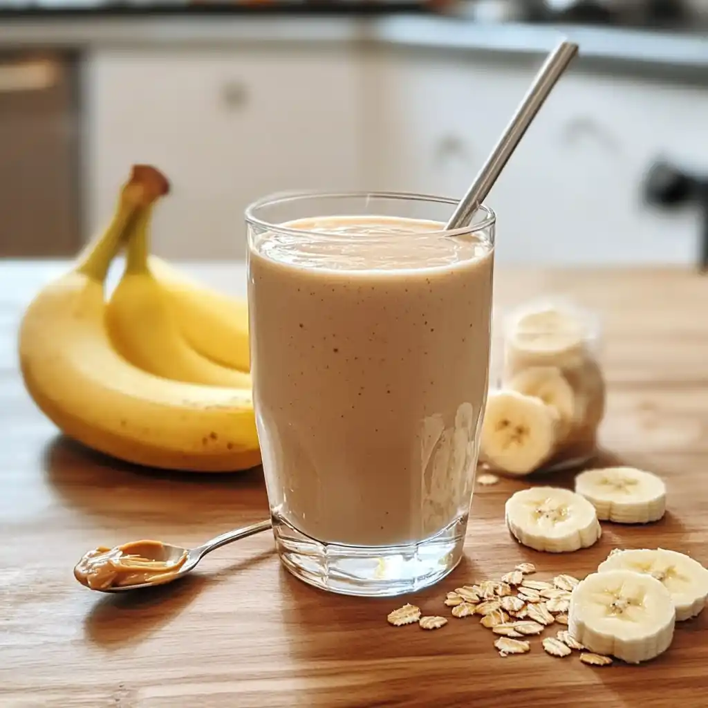 creamy peanut butter banana smoothie in glass
