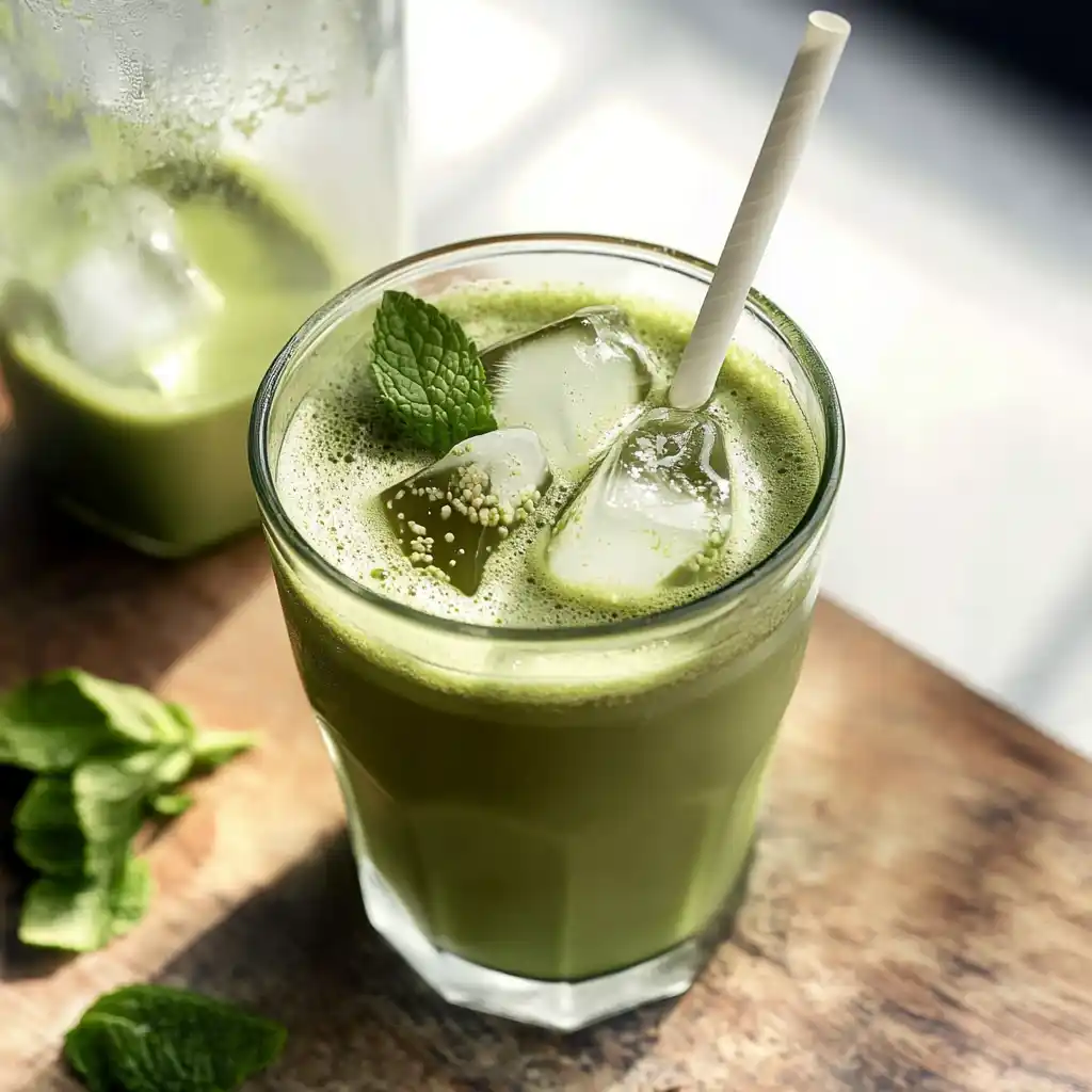 low calorie iced matcha latte on a kitchen table