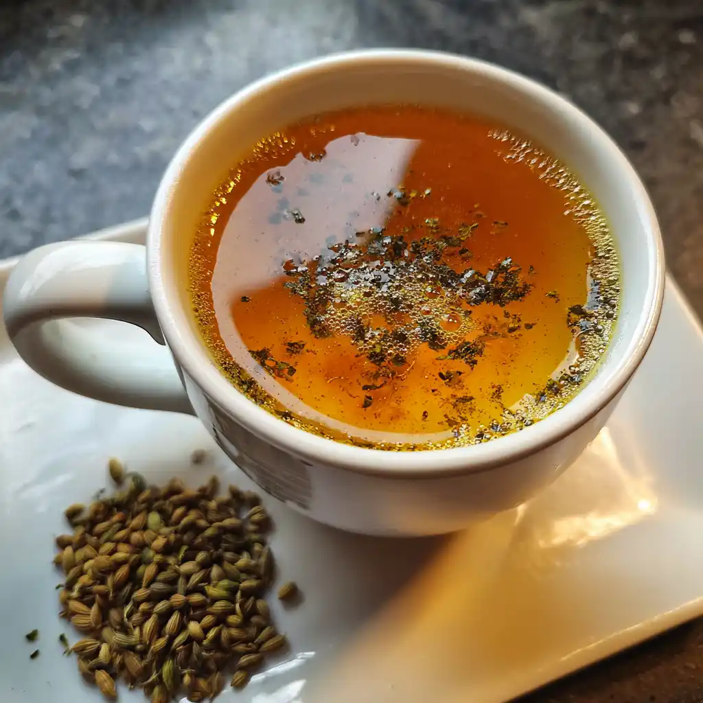 bariatric seed tea recipe in a white mug with cumin fennel coriander seeds