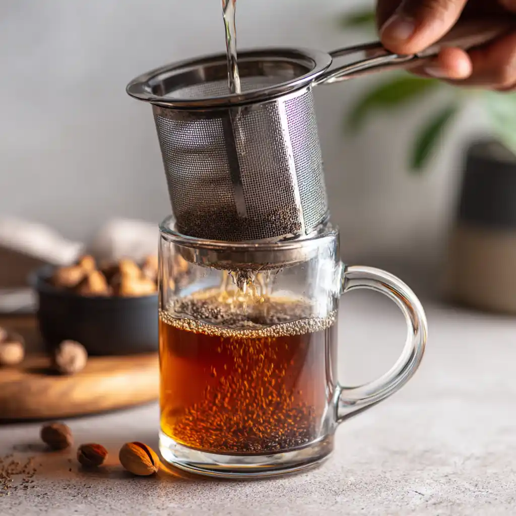 straining bariatric seed tea recipe into a mug