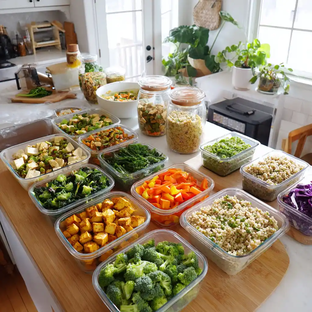 Plant based meal prep spread with containers of colorful veggies and tofu