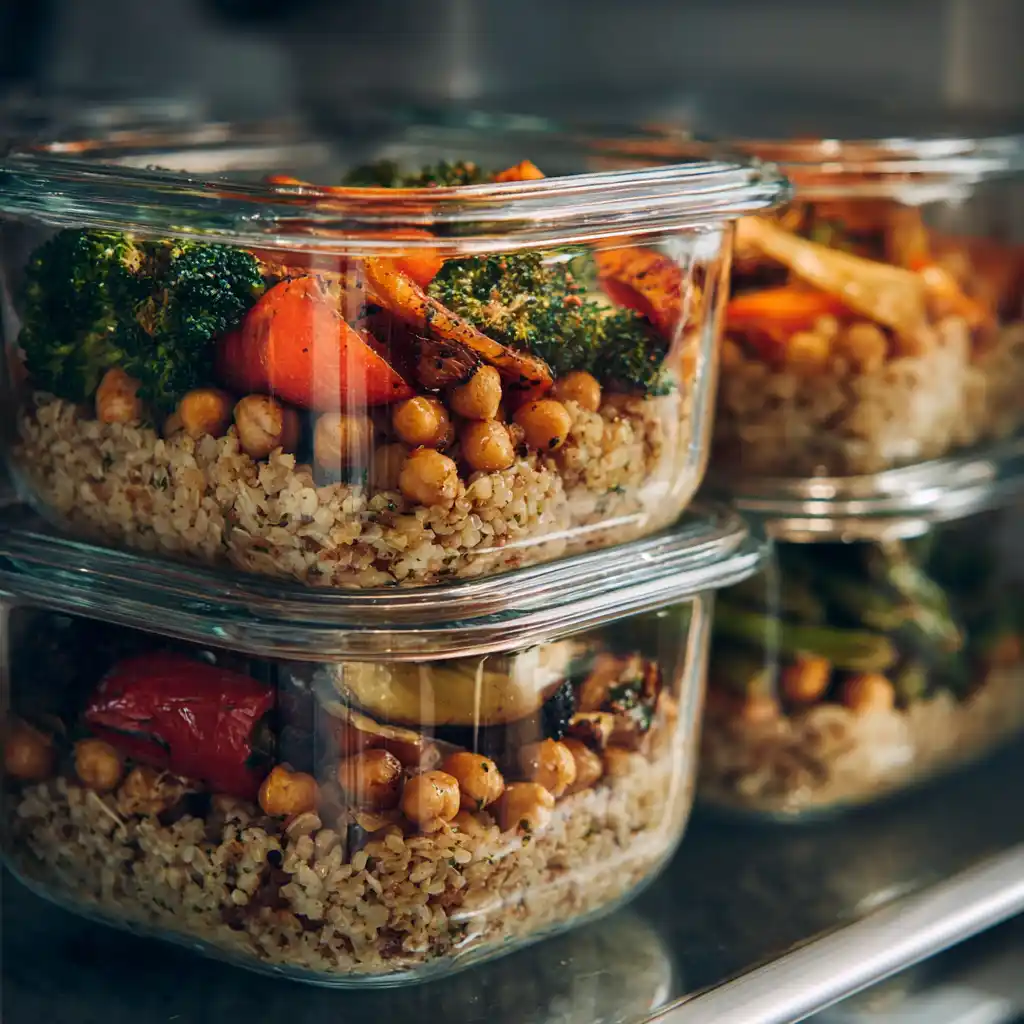 Glass containers with plant based meals inside fridge