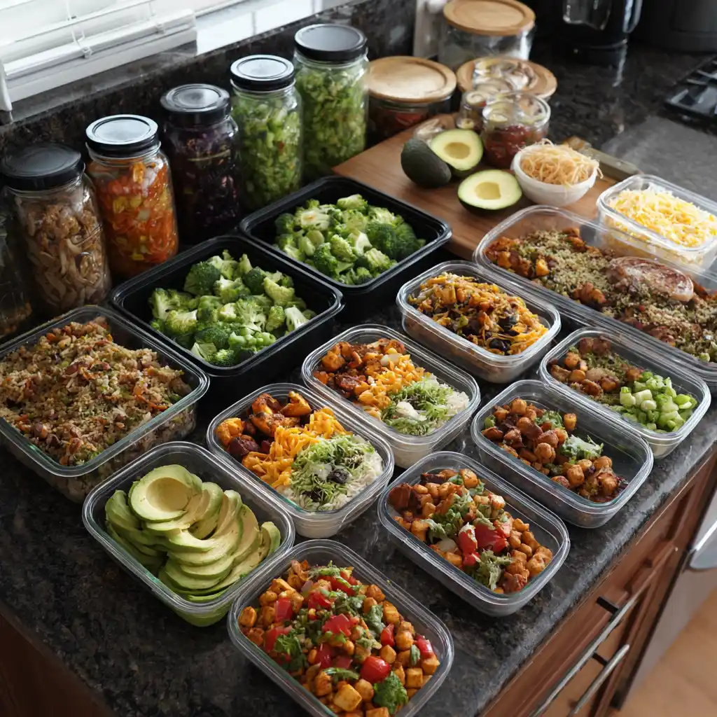 7-day plant based meal prep with labeled containers
