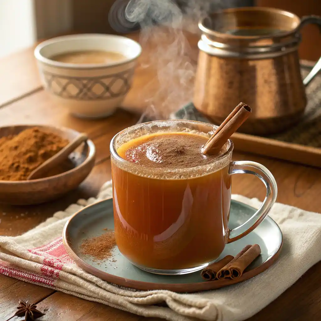 Hot buttered prune juice recipe in ceramic mug with cinnamon stick garnish and melted butter for digestive health