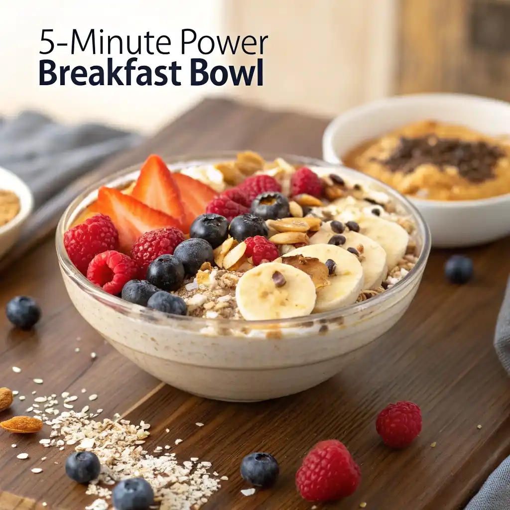 Quick 5-minute protein breakfast bowl with Greek yogurt, fresh berries, granola, banana slices, chia seeds, and almond butter - perfect breakfast for busy mornings