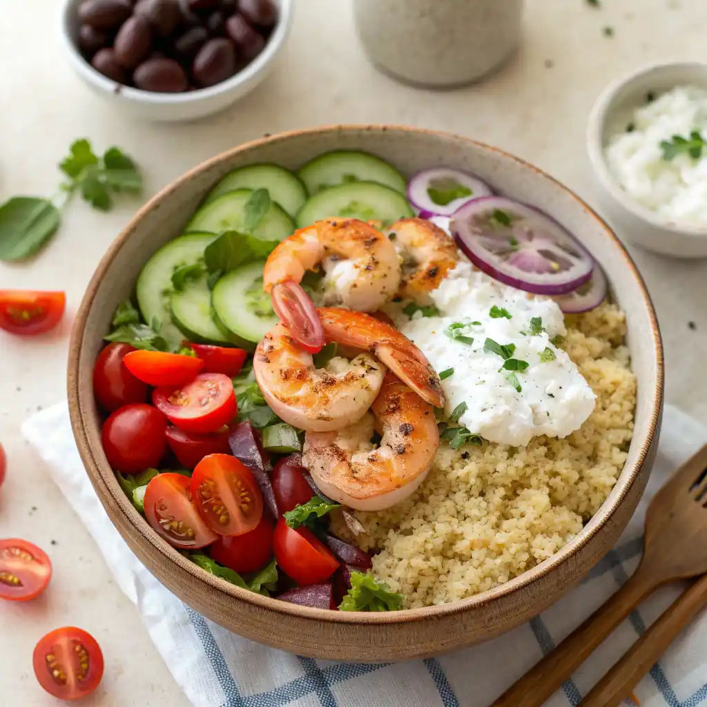 Healthy Greek shrimp bowl with quinoa, fresh vegetables, feta cheese and homemade tzatziki sauce - 20 minute Mediterranean dinner recipe
