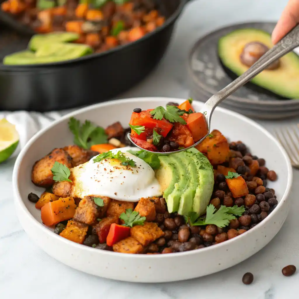 Southwest Sweet Potato Breakfast Hash with sunny-side-up eggs, black beans, peppers and fresh avocado in a cast iron skillet
