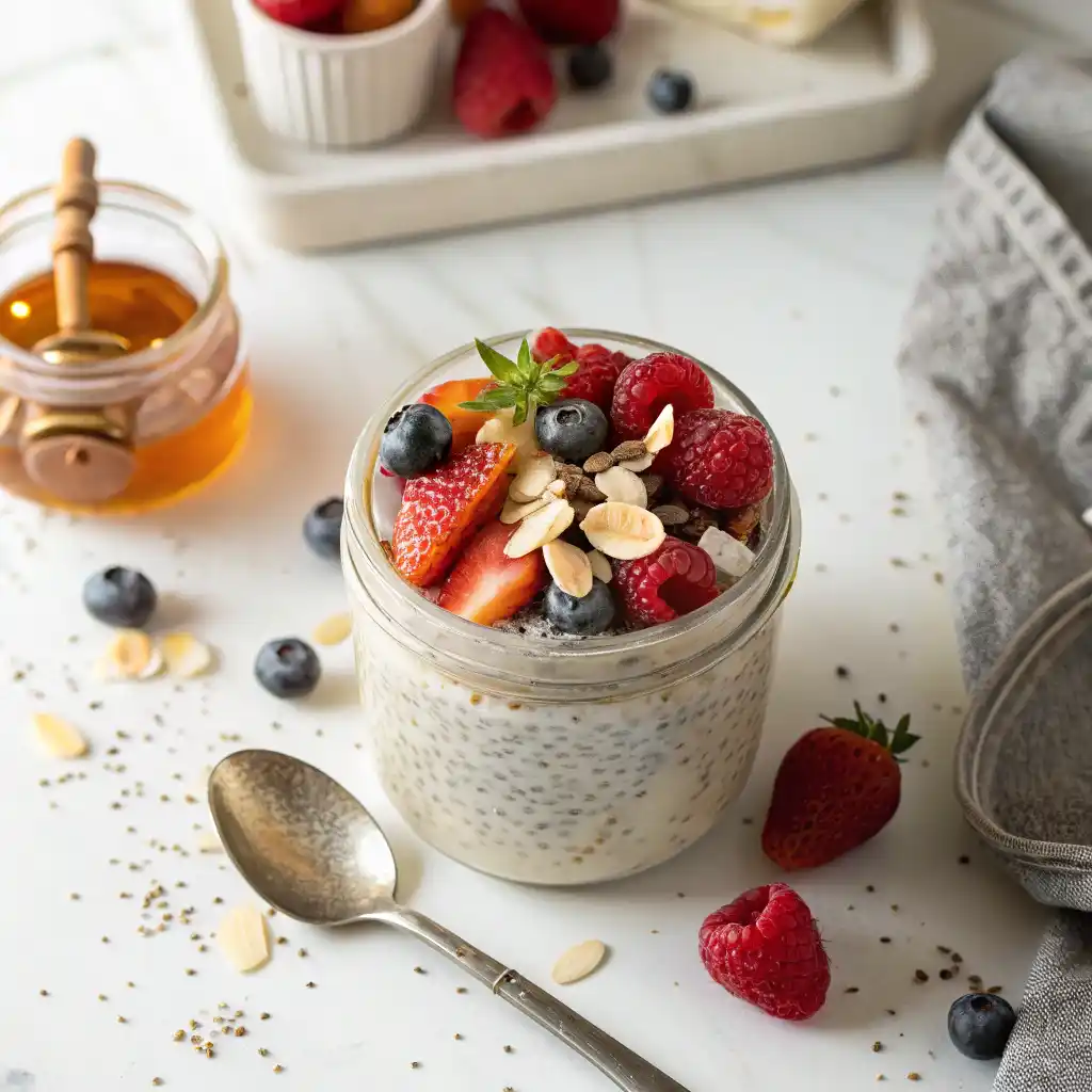 Creamy vanilla chia seed pudding in glass jar topped with fresh berries, sliced almonds, and coconut flakes on white table
