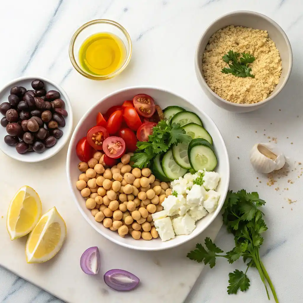 Fresh Mediterranean Power Bowl ingredients laid out including quinoa, chickpeas, cherry tomatoes, cucumber, red onion, kalamata olives, feta cheese, fresh herbs, tahini, and lemons on a kitchen counter