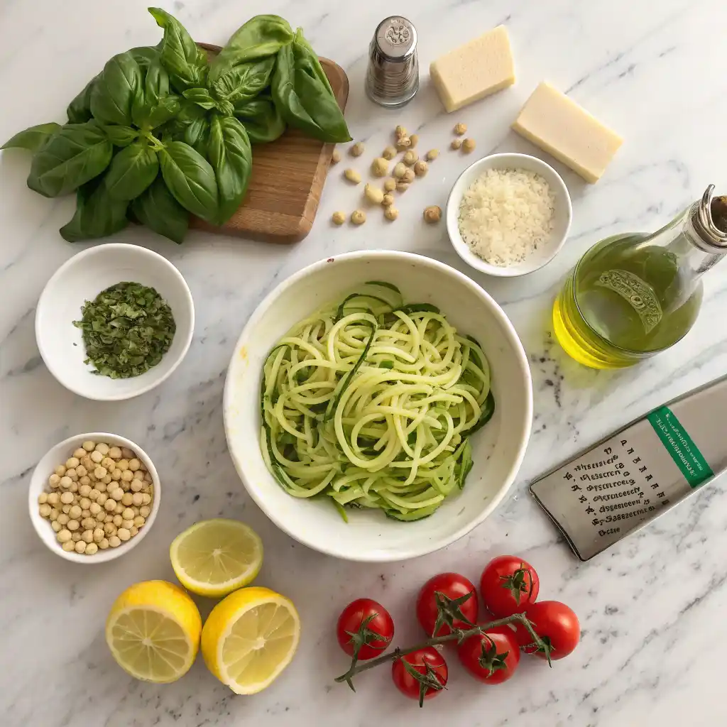 Fresh ingredients for zucchini noodle pesto pasta laid out on marble counter - zucchini, basil, pine nuts, garlic, parmesan cheese, olive oil