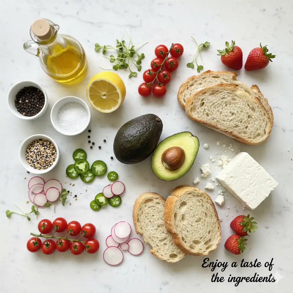 Fresh ingredients for avocado toast variations including ripe avocados, sourdough bread, lemon, olive oil, and colorful toppings
